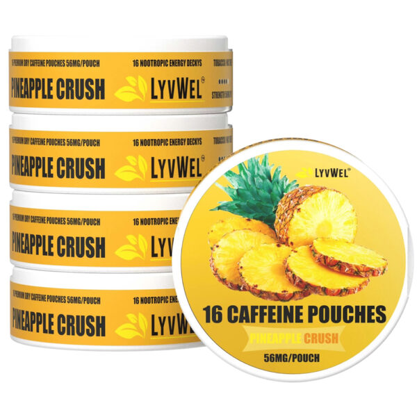 56mg Lyvwel Pineapple Crush Upper Deckys Caffeine Pouches - 5 Jars (80 Pouches Total) Pouches Caffeine Nootropic Energy Tobacco Free
